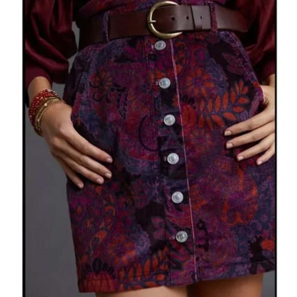 Pilcro Anthropologie Purple Floral Corduroy Button Front Mini Skirt NWT